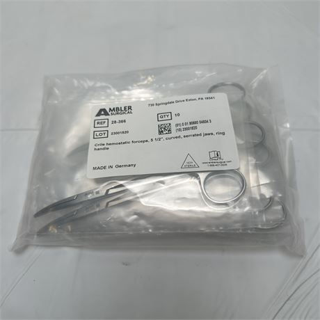 10qty Ambler Crile Hemostatic Forceps, 5.5", Curved, Serrated Jaws, Ring Handle